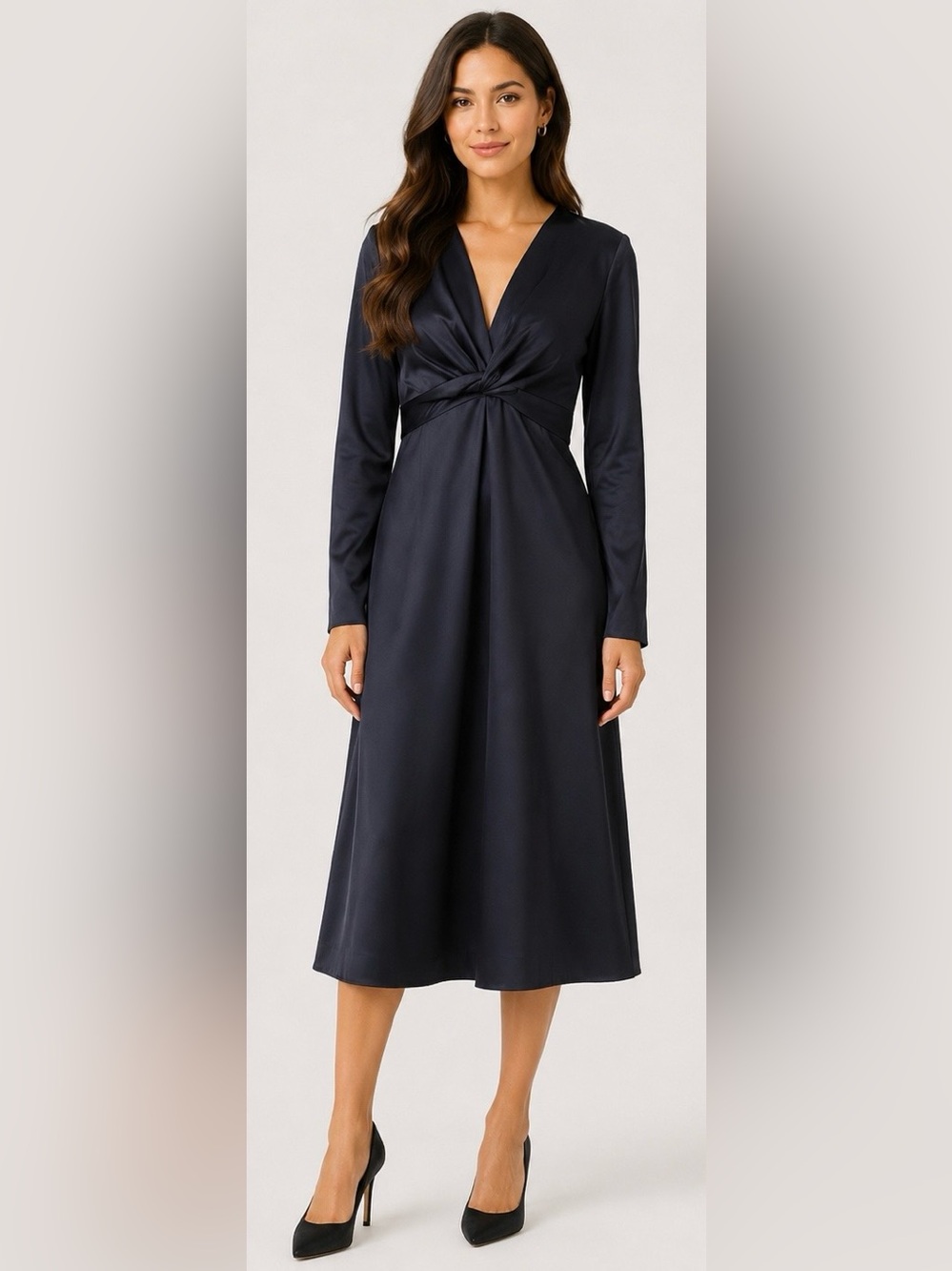 Maggy London Navy Satin Twist Front Long Sleeve Midi Dress Size 8